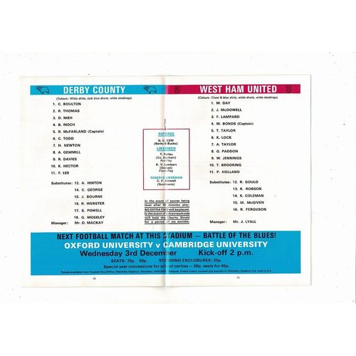 1975 Derby County v West Ham United Charity Shield Football Programme