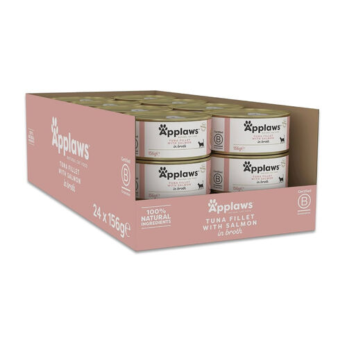 Applaws 100% Natural Premium Wet Cat Food Tuna Fillet with Salmon in Broth 24 tins x 156g