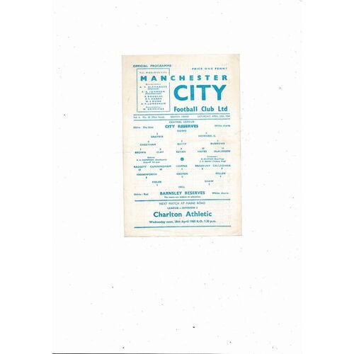 Manchester City v Barnsley Central League Football Programme 1964/65