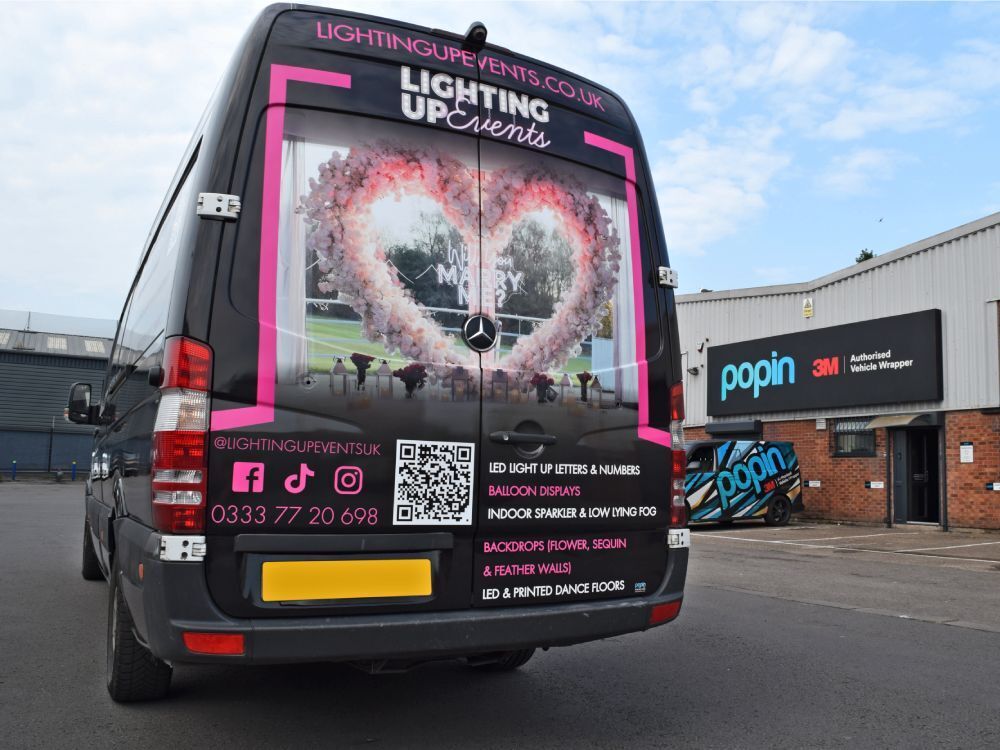 Full branded van wrap on company Mercedes Sprinter L3H2 outside Popin in Cardiff.