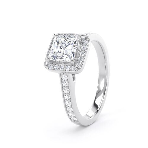 Princess cut halo with diamond set shoulders