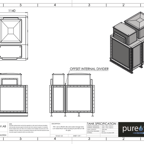 PW.1.5X1X1.IFB.DIV.AB(1+0.5) - 1500 LITRE DIVIDED SECTIONAL WATER TANK, INTERNALLY FLANGED BASE (IFB) C/W FVH