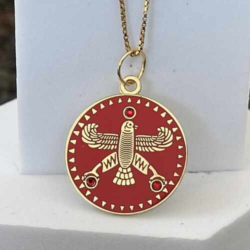 Round Pendant. The Persian Falcon. Deep Red with 3 Red Stones. Original Cyrus Falcon Shahbaz.