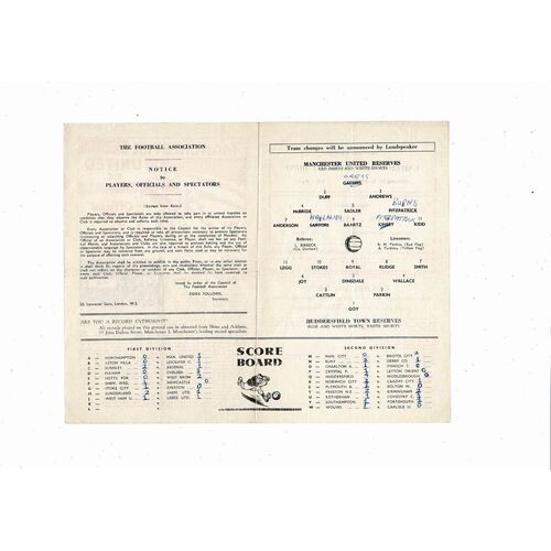 Manchester United v Huddersfield Town Central League Football Programme 1965/66