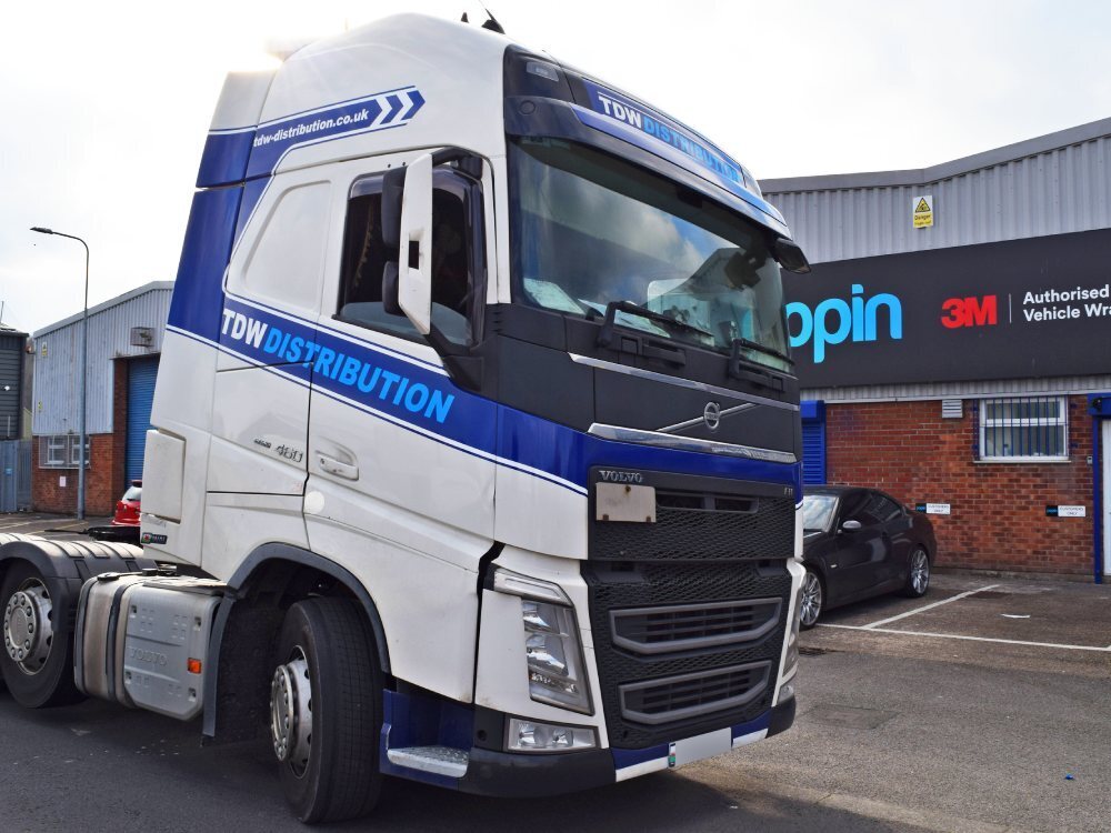 Vehicle graphics newly installed on a Volvo truck at Popin in Cardiff.