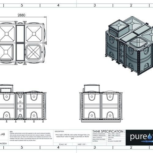 PW.2.5X2X1.5.IFB.AB - 7500 LITRE SECTIONAL WATER TANK, INTERNALLY FLANGED BASE (IFB) C/W FVH