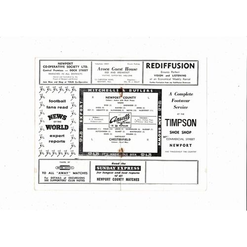1959/60 Newport County v Chesterfield Football Programme