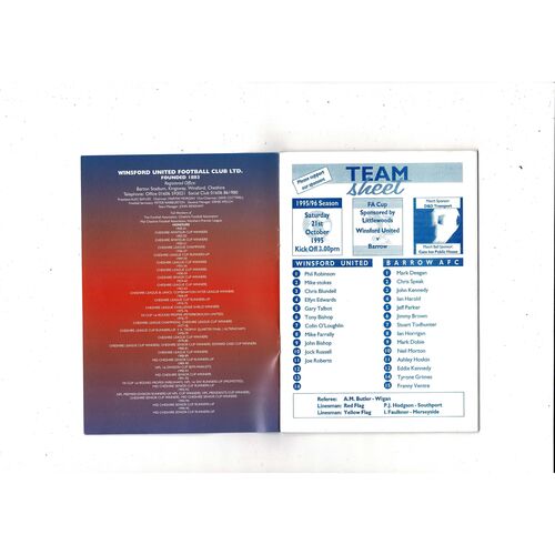 Winsford United v Barrow FA Cup Football Programme 1995/96