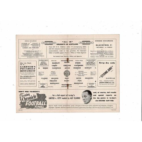 Manchester United v Manchester City Friendly Football Programme 1951/52