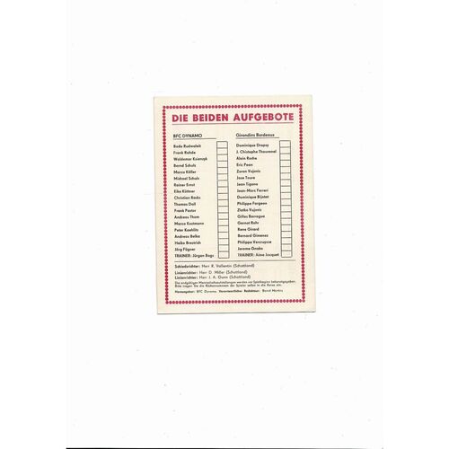 Dynamo Berlin v Girondins Bordeaux European Cup Football Programme 1987/88