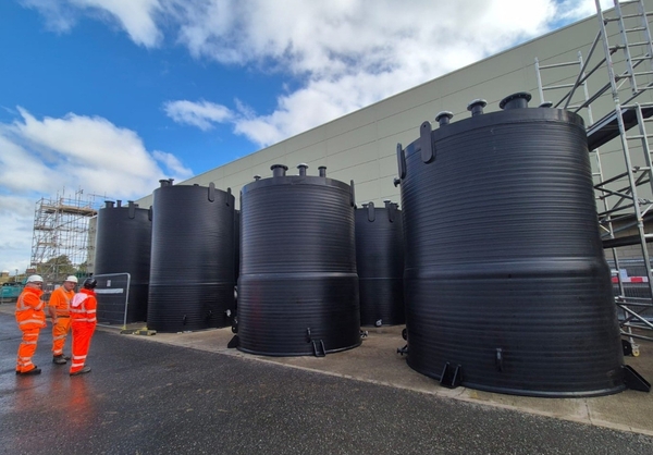Six helically wound chemical storage tanks 