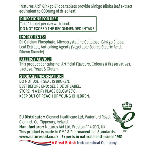 Ginkgo Biloba Standardised by Natures Aid 6000mg - 90 Tablets
