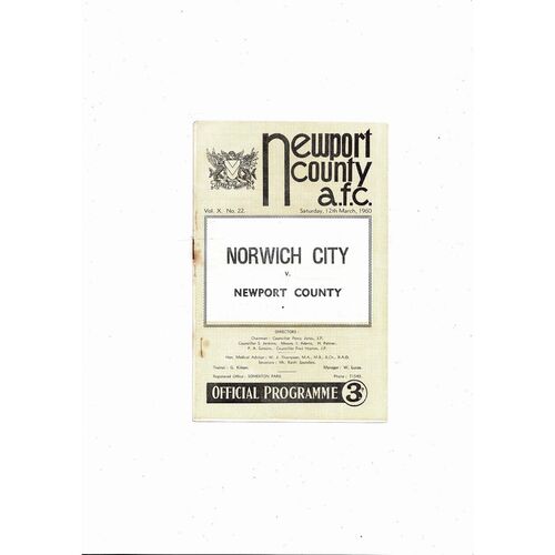 1959/60 Newport County v Norwich City Football Programme