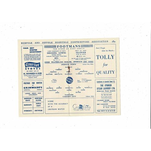 Ipswich Town v Cardiff City Football Combination Football Programme 1957/58