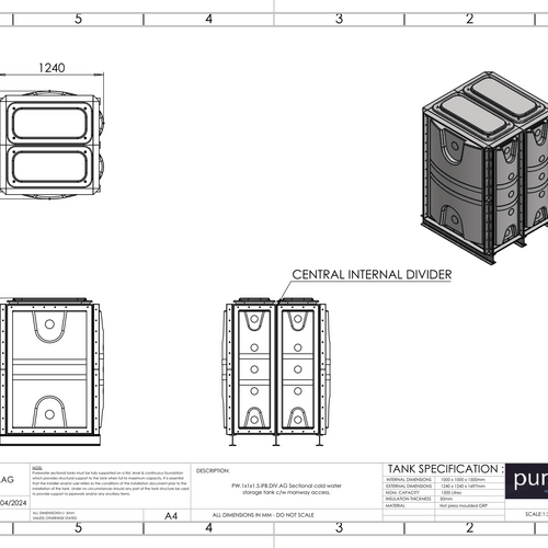 PW.1x1x1.5.IFB.DIV.AG(0.5+0.5) - 1500 LITRE DIVIDED SECTIONAL WATER TANK, INTERNALLY FLANGED BASE (IFB)