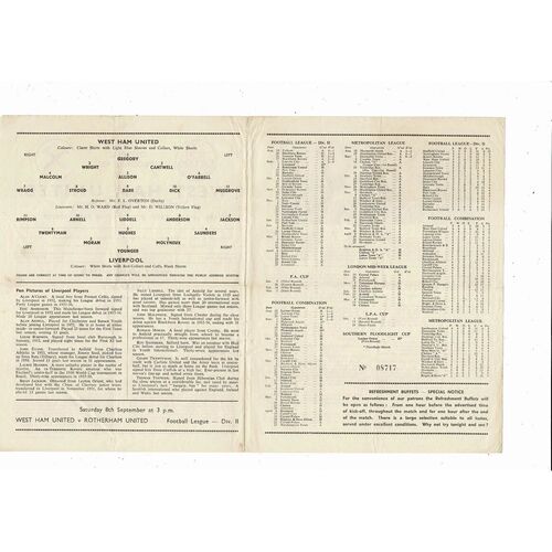 1956/57 West Ham United v Liverpool Football Programme