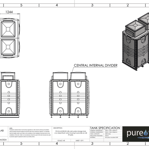 PW.2X1X2.IFB.DIV.AB(1+1) - 4000 LITRE SECTIONAL WATER TANK, INTERNALLY FLANGED BASE (IFB) C/W FVH