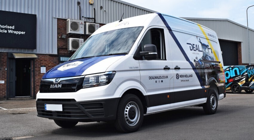 White MAN TGE van with David Evans Agricultural Ltd company branded partial vehicle wrap and vinyl graphics. 