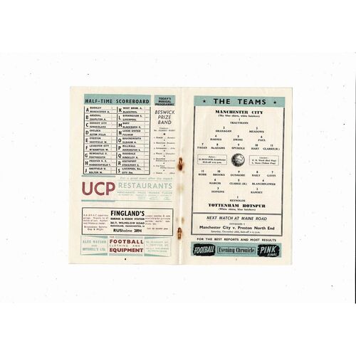 1954/55 Manchester City v Tottenham Hotspur Football Programme