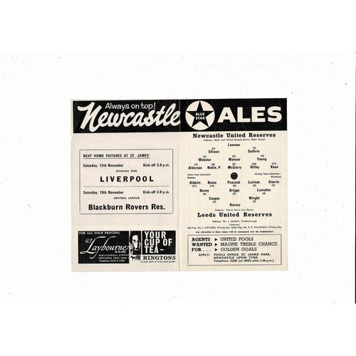 Newcastle United v Leeds United Central League Football Programme 1966/67