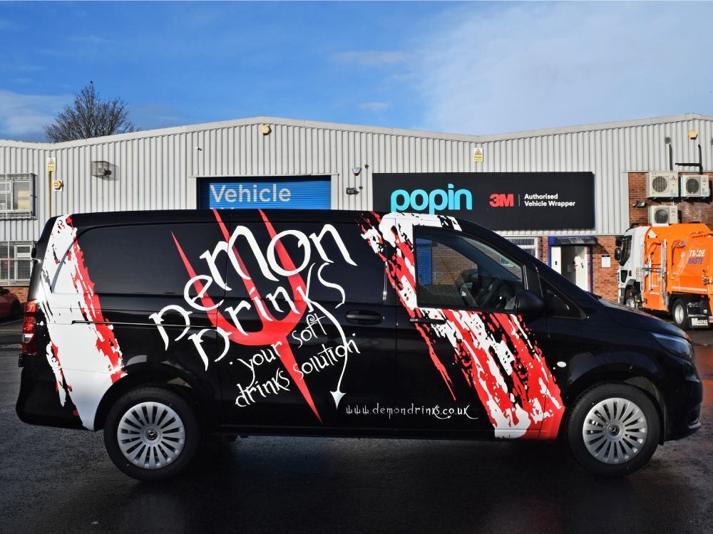 Demon Drinks vehicle wrap on Mercedes Vito van.