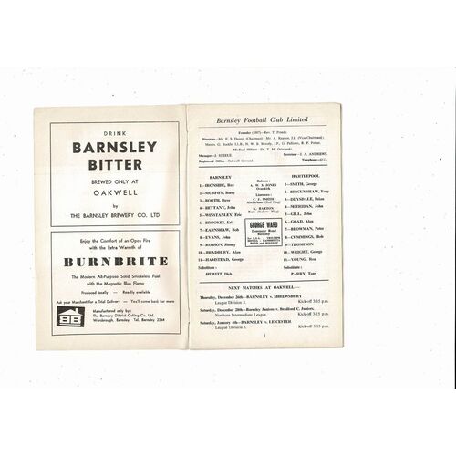 1968/69 Barnsley v Hartlepool United Football Programme