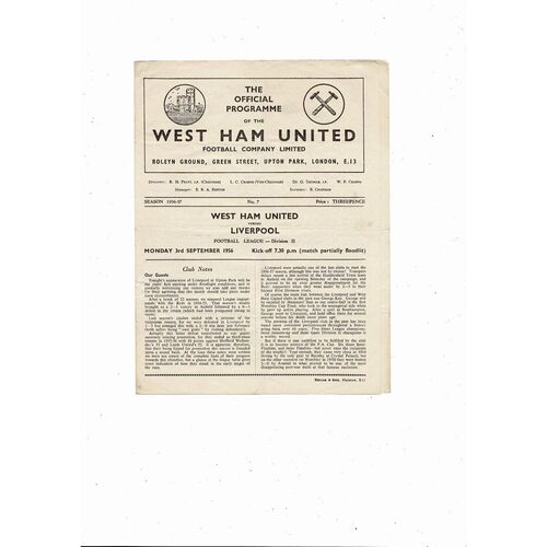 1956/57 West Ham United v Liverpool Football Programme