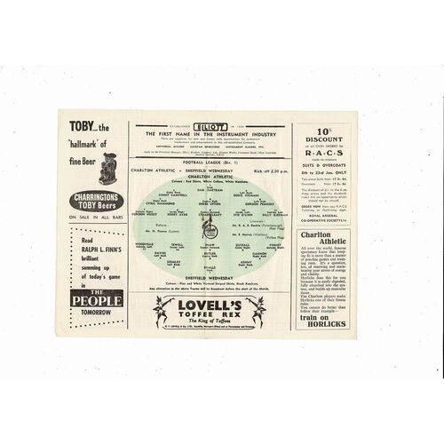 1953/54 Charlton Athletic v Sheffield Wednesday Football Programme