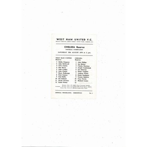 West Ham United v Chelsea Football Combination Programme 1970/71