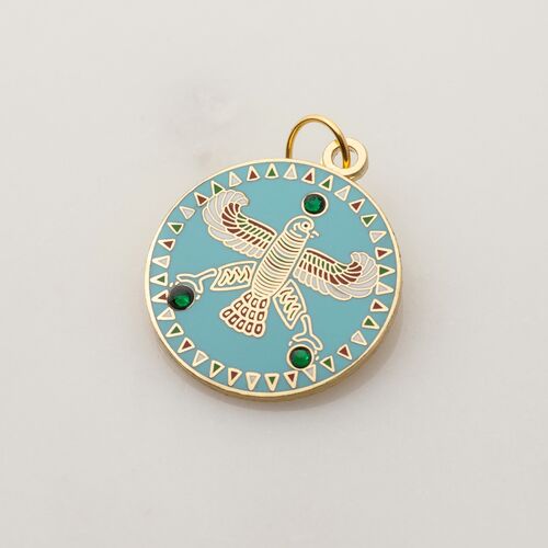 Round Pendant. The Persian Falcon.  Blue Turquoise with 3 Green Stones.