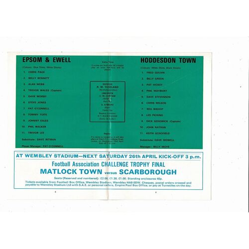 1975 Epsom & Ewell v Hoddesdon Town FA Vase Final Football Programme