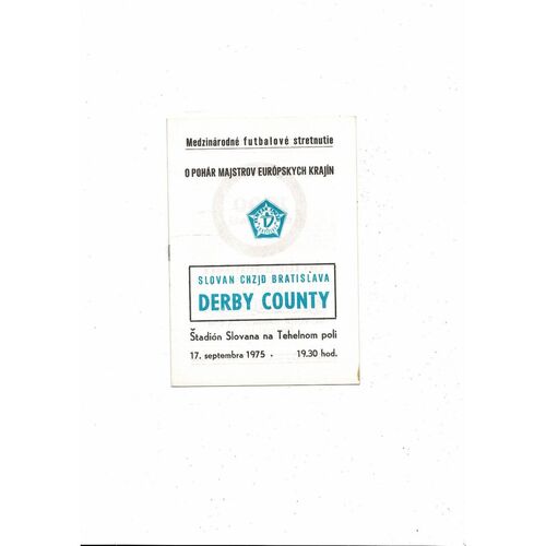 Slovan Bratislava v Derby County European Cup Football Programme 1975/76