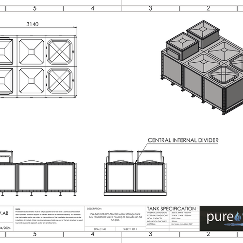 PW.3X2X1.IFB.DIV.AB(1+1) - 6000 LITRE DIVIDED SECTIONAL WATER TANK, INTERNALLY FLANGED BASE (IFB) C/W FVH