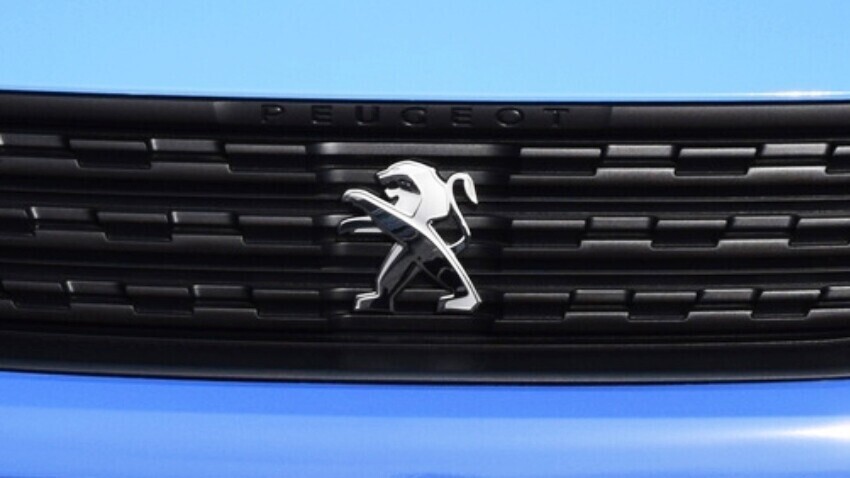 Peugeot emblem on front of blue van.