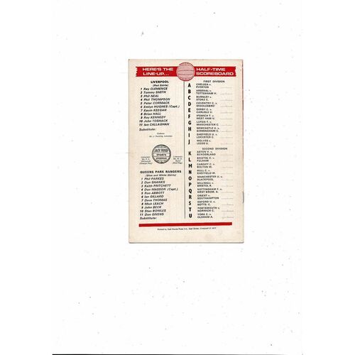 1974/75 Liverpool v Queens Park Rangers Football Programme