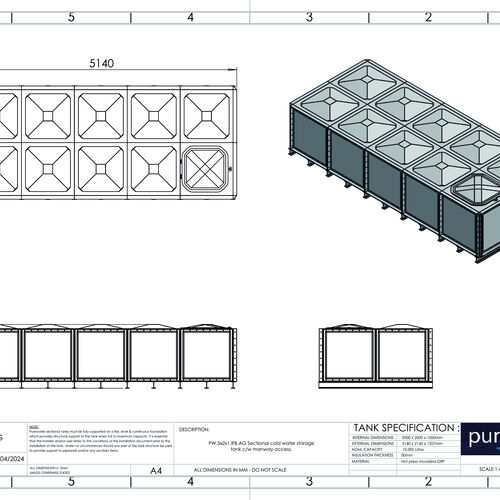 PW.5X2X1.IFB.AG - 10,000 LITRE SECTIONAL WATER TANK, INTERNALLY FLANGED BASE (IFB)