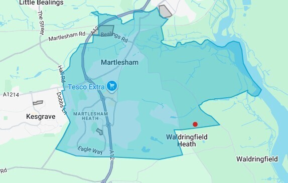 Boundary map of Martlesham for our Neighbourhood Watch scheme.
