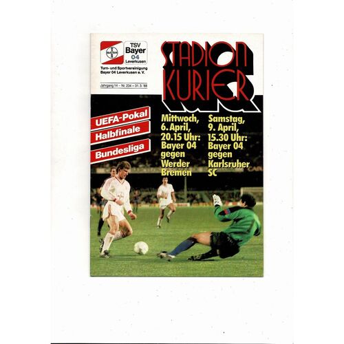 Bayer Leverkusen v Werder Bremen UEFA Cup Semi Final & Bayer Leverkusen v  Karlsruher SC Bundersliga Football Programme 1987/88