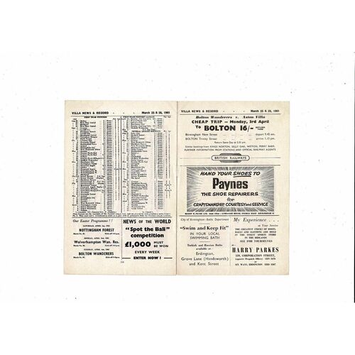 1960/61 Aston Villa v West Bromwich Albion & Preston Reserves Double Football Programme