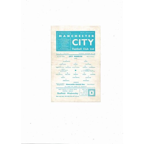 Manchester City v Newcastle United Central League Football Programme 1960/61