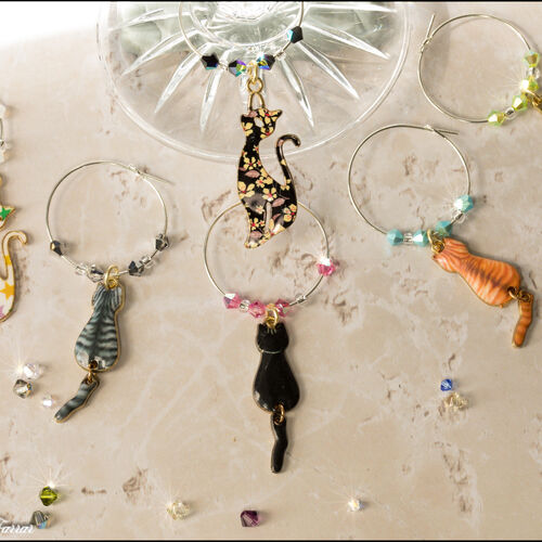 Set of Six Enamel Cat Wine Glass Charms with Moving Tails & Preciosa Crystals