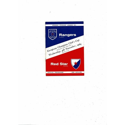 Rangers v Red Star European Cup 3rd Match Football Programme 1964/65 at Arsenal