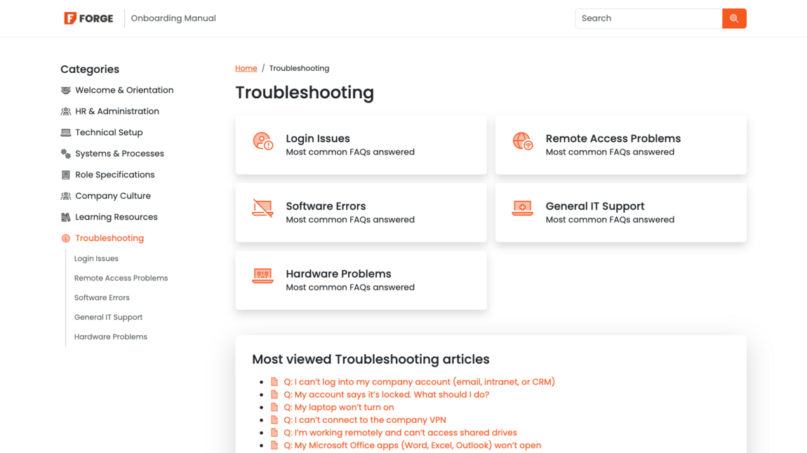 A screenshot of a web page showing frequently asked questions categories