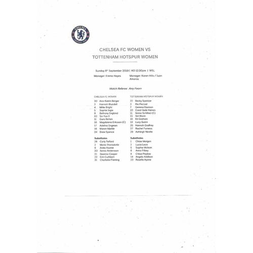 2019/20 Chelsea v Tottenham Hotspur Womens Super League Football Programme