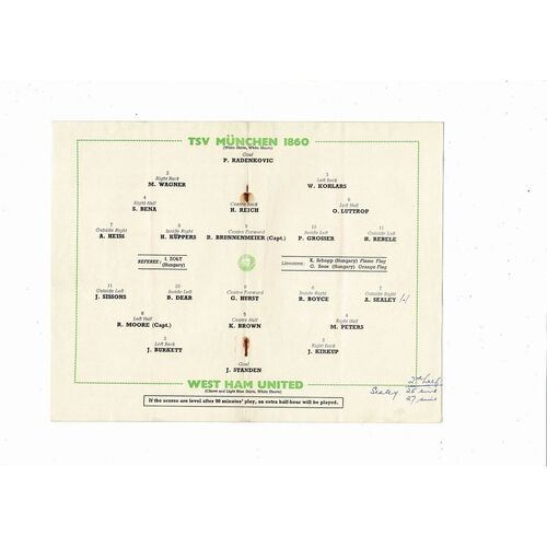 1965 TSV Munchen 1860 v West Ham United European Cup Winners Cup Final Football Programme