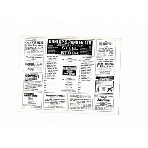 Leeds United v Sparta Prague Fairs Cup Football Programme 1970/71