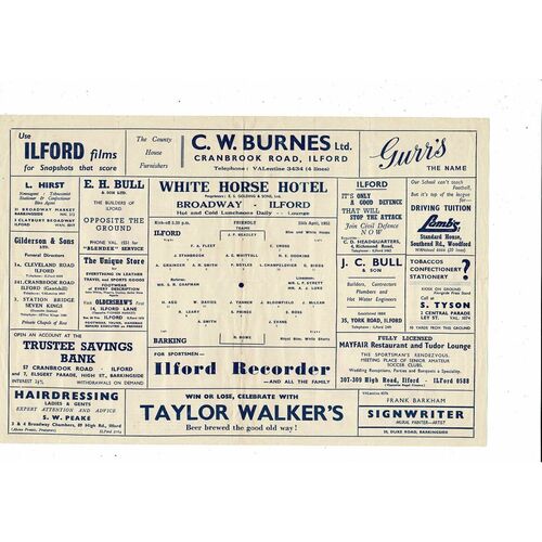 Ilford v Barking Friendly Football Programme 1952/53