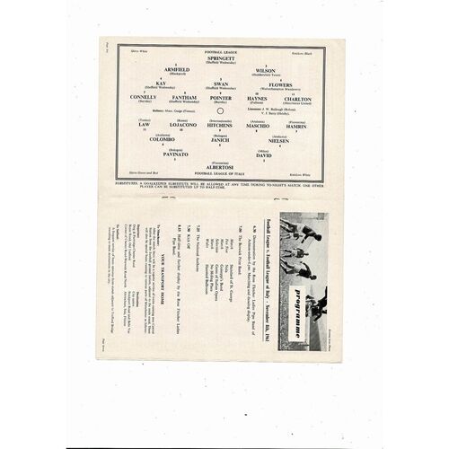 Football League v Italian League Football Programme 1961 @ Manchester United