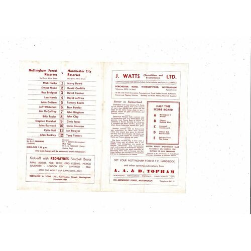 Nottingham Forest v Manchester City Central League Football Programme 1967/68