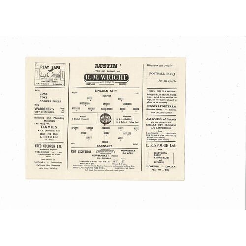 1957/58 Lincoln City v Barnsley Football Programme